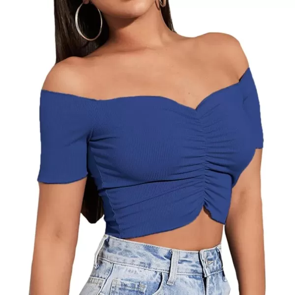 LYANER Women's Off Shoulder Ruched Short Sleeve Rib Knit Sexy Crop Top Blouse