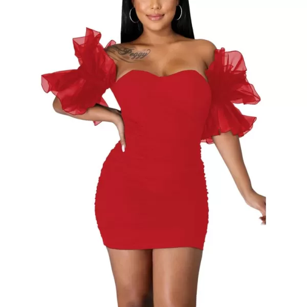 LYANER Women’s Off Shoulder Ruffle Sleeve Stretchy Party Club Bodycon Mini Dress