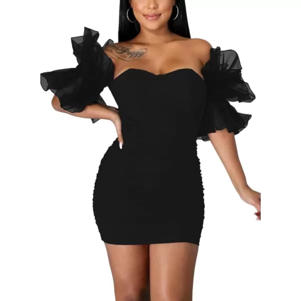 LYANER Women’s Off Shoulder Ruffle Sleeve Stretchy Party Club Bodycon Mini Dress