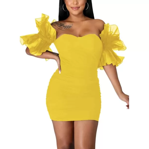 LYANER Women’s Off Shoulder Ruffle Sleeve Stretchy Party Club Bodycon Mini Dress