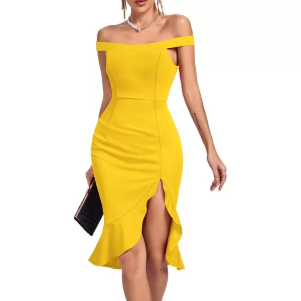 LYANER Women's Off Shoulder Ruffle Split Hem Bodycon Party Club Midi Dress