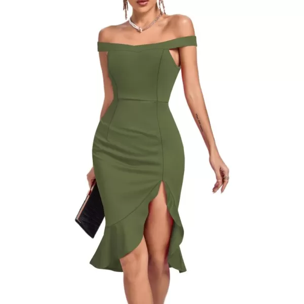 LYANER Women's Off Shoulder Ruffle Split Hem Bodycon Party Club Midi Dress