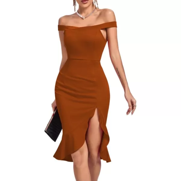 LYANER Women's Off Shoulder Ruffle Split Hem Bodycon Party Club Midi Dress
