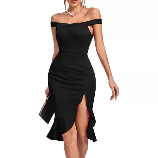 LYANER Women's Off Shoulder Ruffle Split Hem Bodycon Party Club Midi Dress