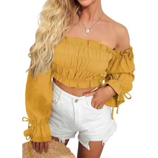 LYANER Women's Off Shoulder Ruffle Trim Drawsting Puff Long Sleeve Tube Crop Blouse Shirt Top