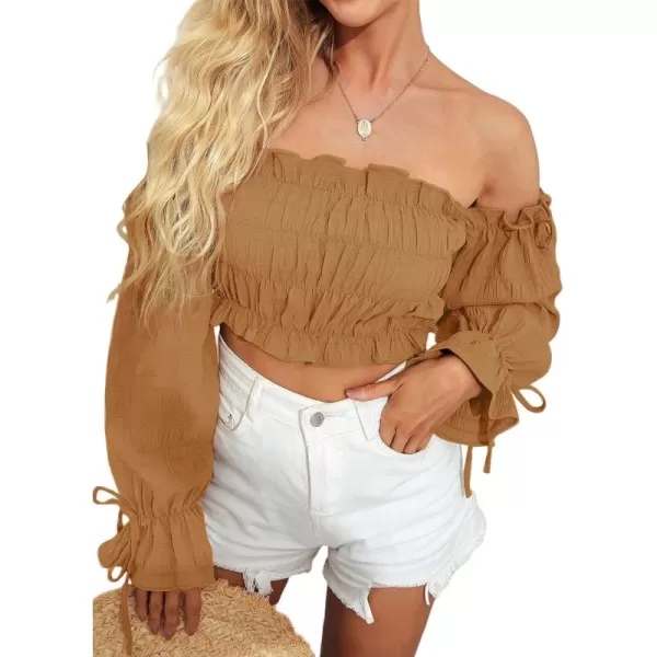 LYANER Women's Off Shoulder Ruffle Trim Drawsting Puff Long Sleeve Tube Crop Blouse Shirt Top
