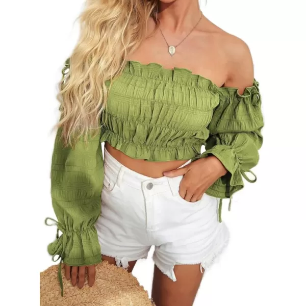 LYANER Women's Off Shoulder Ruffle Trim Drawsting Puff Long Sleeve Tube Crop Blouse Shirt Top