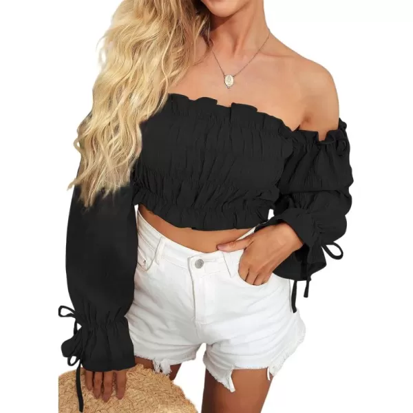 LYANER Women's Off Shoulder Ruffle Trim Drawsting Puff Long Sleeve Tube Crop Blouse Shirt Top