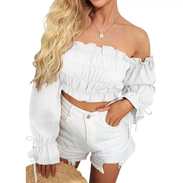 LYANER Women's Off Shoulder Ruffle Trim Drawsting Puff Long Sleeve Tube Crop Blouse Shirt Top
