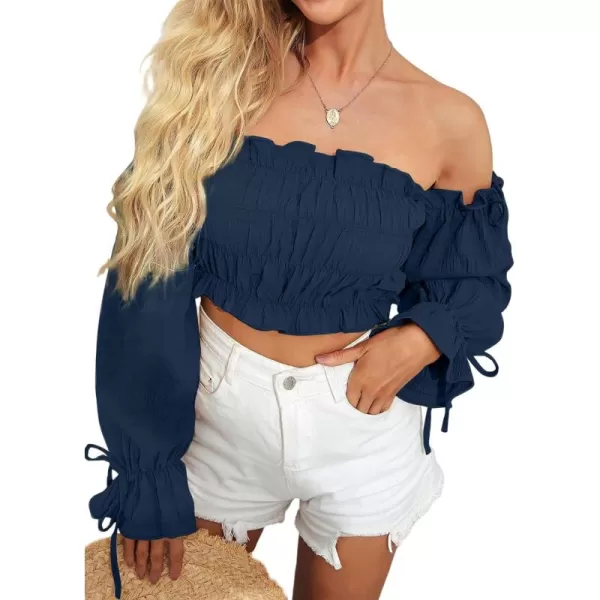 LYANER Women's Off Shoulder Ruffle Trim Drawsting Puff Long Sleeve Tube Crop Blouse Shirt Top