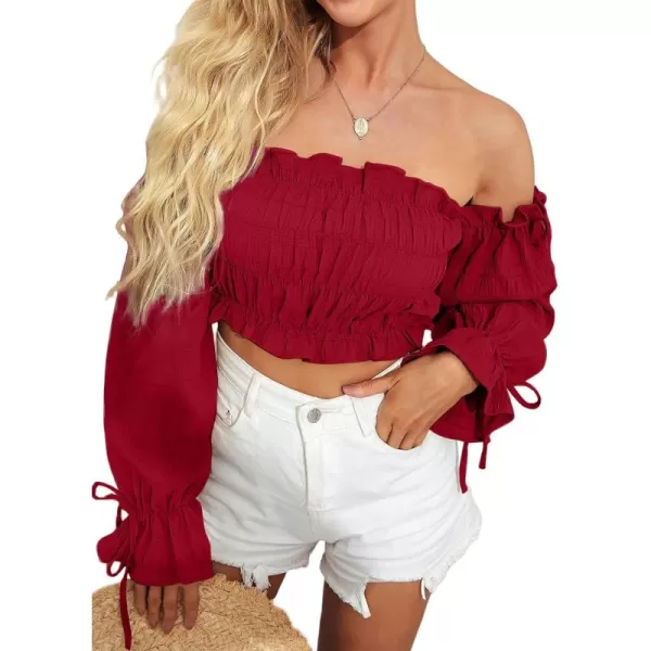 LYANER Women's Off Shoulder Ruffle Trim Drawsting Puff Long Sleeve Tube Crop Blouse Shirt Top
