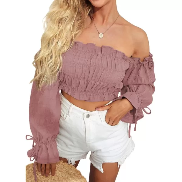 LYANER Women's Off Shoulder Ruffle Trim Drawsting Puff Long Sleeve Tube Crop Blouse Shirt Top