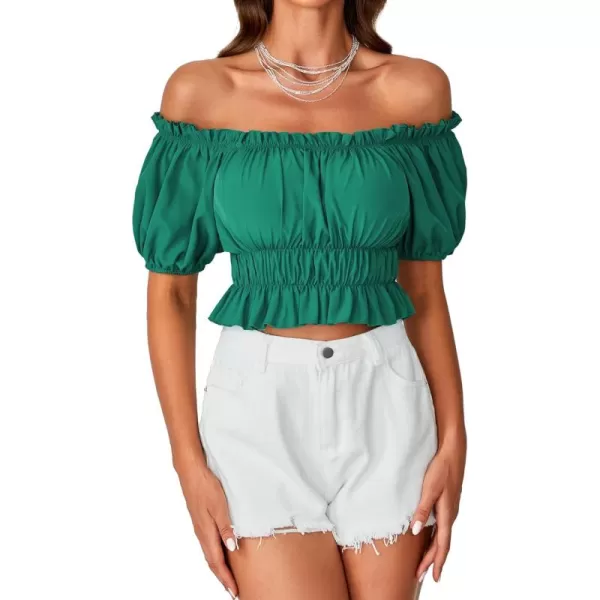 LYANER Women's Off Shoulder Short Sleeve Pleated Ruffle Trim Crop Top Blouse Shirt