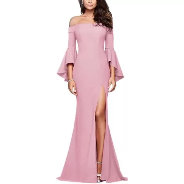 LYANER Women's Off Shoulder Side Split Bell Long Sleeve Cocktail Bodycon Maxi Dress