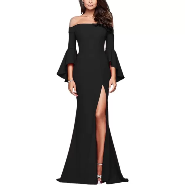 LYANER Women's Off Shoulder Side Split Bell Long Sleeve Cocktail Bodycon Maxi Dress