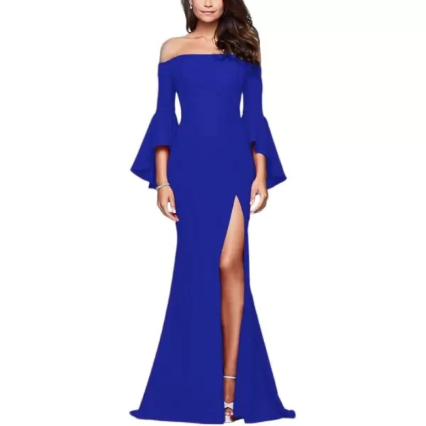 LYANER Women's Off Shoulder Side Split Bell Long Sleeve Cocktail Bodycon Maxi Dress