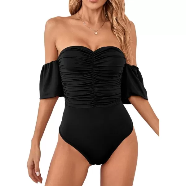 LYANER Women's Off Shoulder Smocked Ruched Puff Short Sleeve Bodysuit Leotard Top