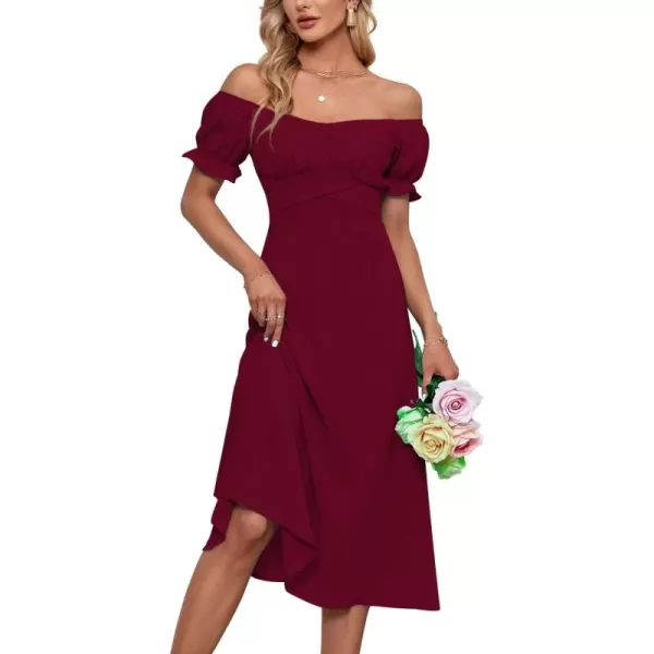 LYANER Women's Off Shoulder Wrap Ruffle Puff Short Sleeve Ruched Tie Back Dress