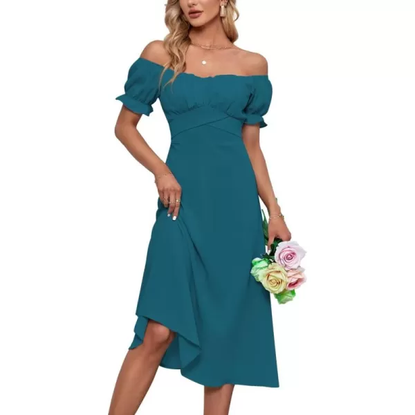LYANER Women's Off Shoulder Wrap Ruffle Puff Short Sleeve Ruched Tie Back Dress