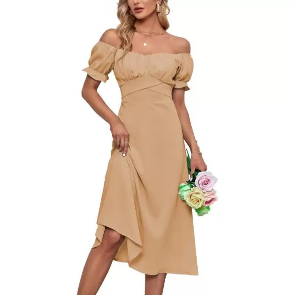 LYANER Women's Off Shoulder Wrap Ruffle Puff Short Sleeve Ruched Tie Back Dress