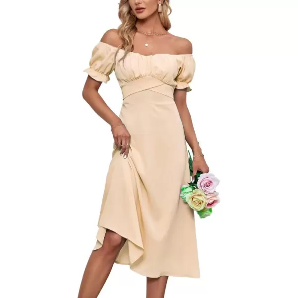LYANER Women's Off Shoulder Wrap Ruffle Puff Short Sleeve Ruched Tie Back Dress