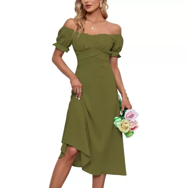 LYANER Women's Off Shoulder Wrap Ruffle Puff Short Sleeve Ruched Tie Back Dress