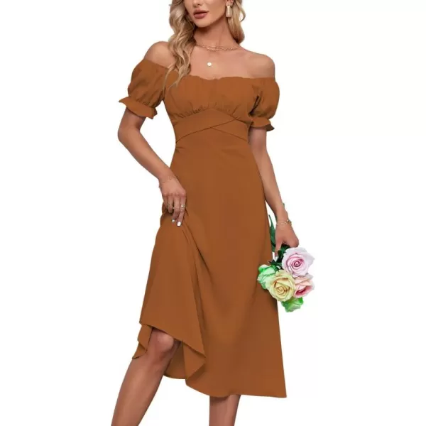 LYANER Women's Off Shoulder Wrap Ruffle Puff Short Sleeve Ruched Tie Back Dress