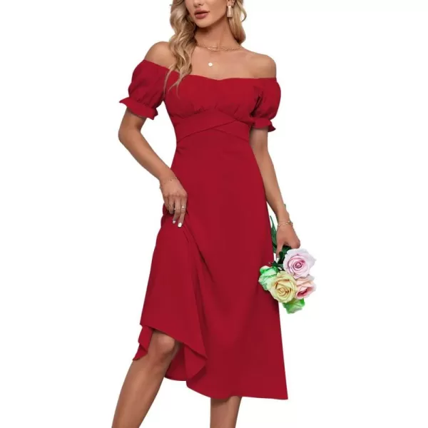 LYANER Women's Off Shoulder Wrap Ruffle Puff Short Sleeve Ruched Tie Back Dress