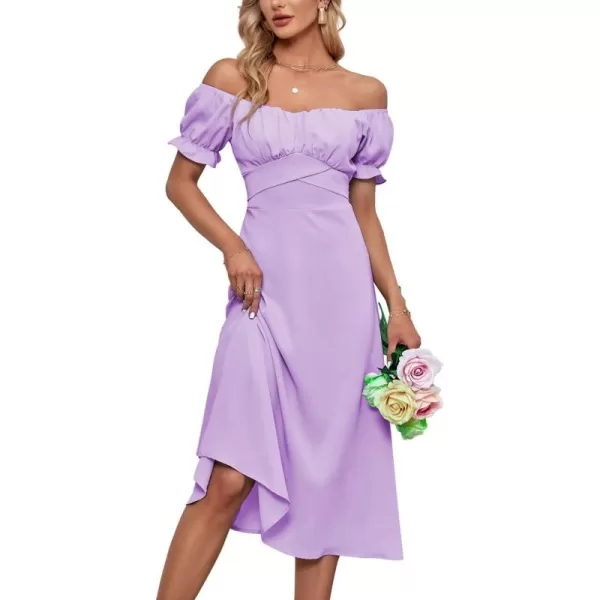 LYANER Women's Off Shoulder Wrap Ruffle Puff Short Sleeve Ruched Tie Back Dress