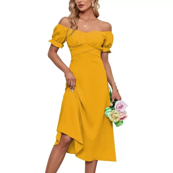 LYANER Women's Off Shoulder Wrap Ruffle Puff Short Sleeve Ruched Tie Back Dress