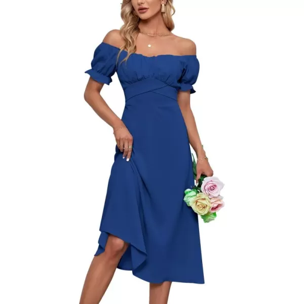 LYANER Women's Off Shoulder Wrap Ruffle Puff Short Sleeve Ruched Tie Back Dress