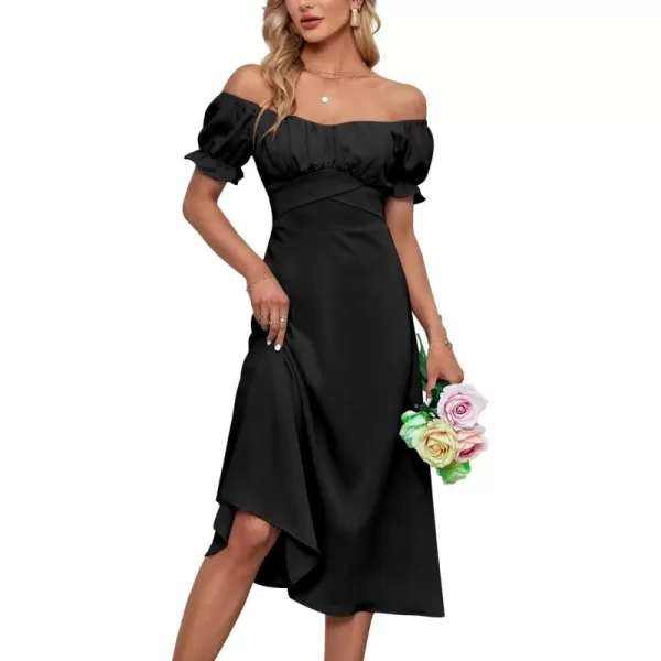 LYANER Women's Off Shoulder Wrap Ruffle Puff Short Sleeve Ruched Tie Back Dress