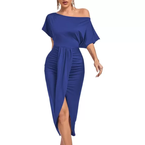 LYANER Women's One Off The Shoulder Ruched Wrap Front Split Hem Draped Party Midi Dress