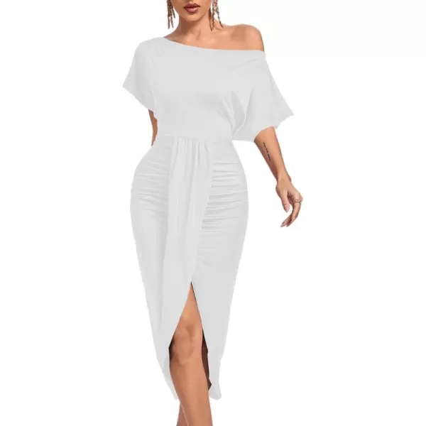LYANER Women's One Off The Shoulder Ruched Wrap Front Split Hem Draped Party Midi Dress