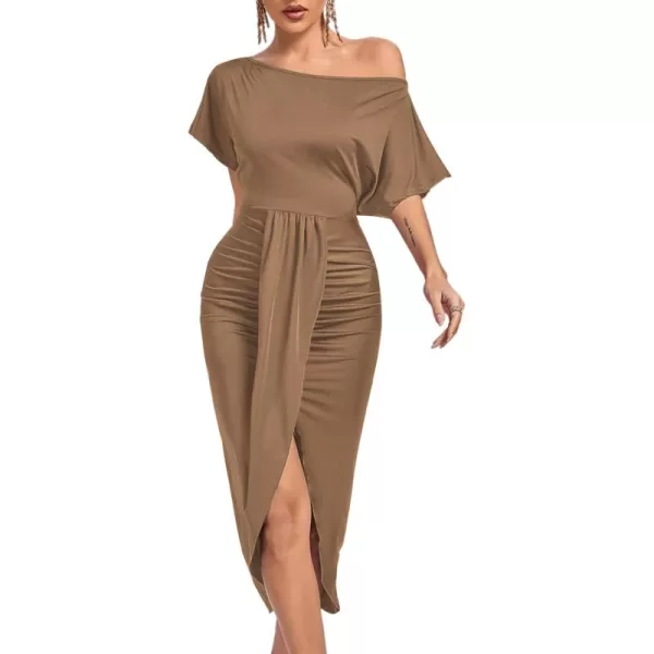 LYANER Women's One Off The Shoulder Ruched Wrap Front Split Hem Draped Party Midi Dress
