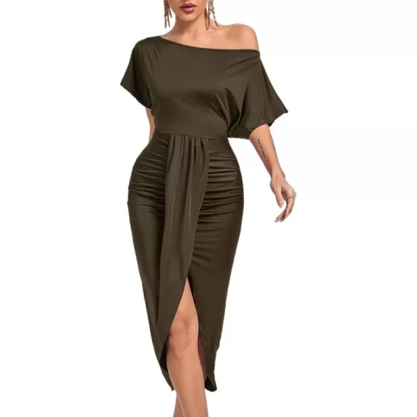 LYANER Women's One Off The Shoulder Ruched Wrap Front Split Hem Draped Party Midi Dress