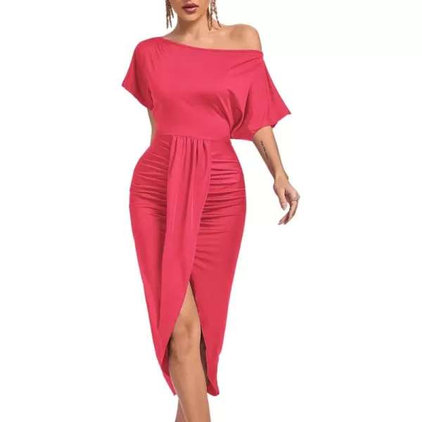 LYANER Women's One Off The Shoulder Ruched Wrap Front Split Hem Draped Party Midi Dress