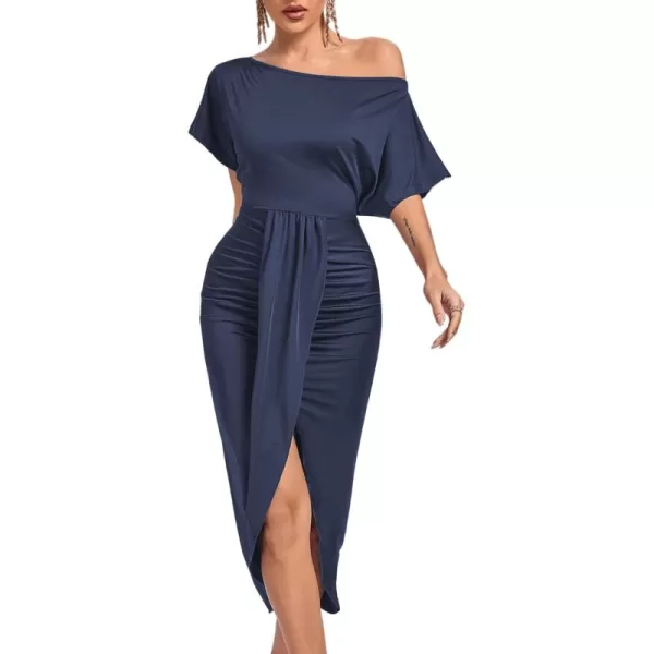 LYANER Women's One Off The Shoulder Ruched Wrap Front Split Hem Draped Party Midi Dress
