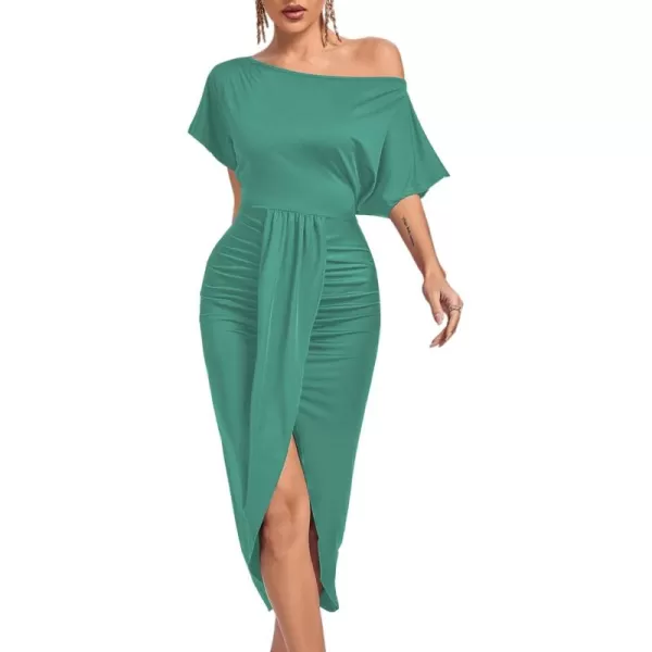 LYANER Women's One Off The Shoulder Ruched Wrap Front Split Hem Draped Party Midi Dress