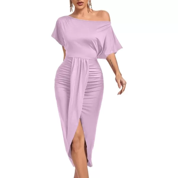 LYANER Women's One Off The Shoulder Ruched Wrap Front Split Hem Draped Party Midi Dress
