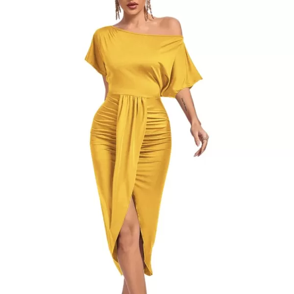 LYANER Women's One Off The Shoulder Ruched Wrap Front Split Hem Draped Party Midi Dress