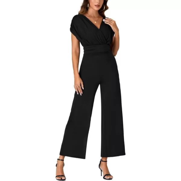 LYANER Women's One Piece Outfit Wraped V Neck Ruched Backless Short Sleeve Jumpsuit