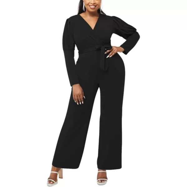LYANER Women's One Piece Outfit Wraped V Neck Waist Tie Long Sleeve Work Jumpsuit