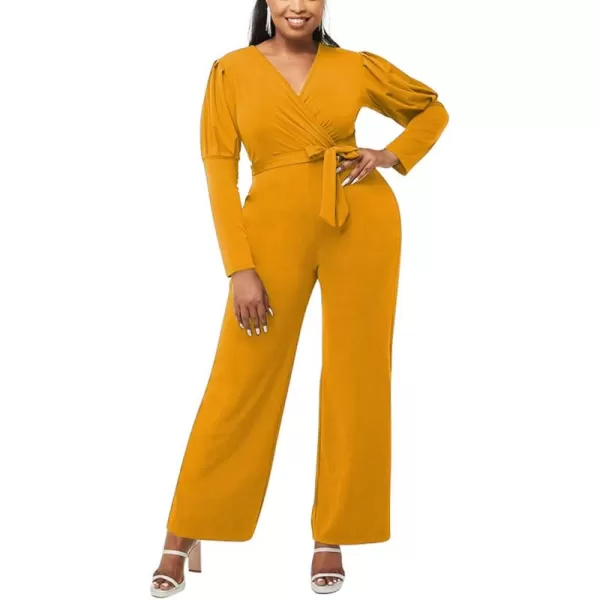LYANER Women's One Piece Outfit Wraped V Neck Waist Tie Long Sleeve Work Jumpsuit