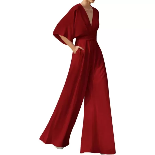 LYANER Women's One Pieces Outfit Deep V Neck Short Sleeve Wide Leg Pants Work Jumpsuit with Pockets