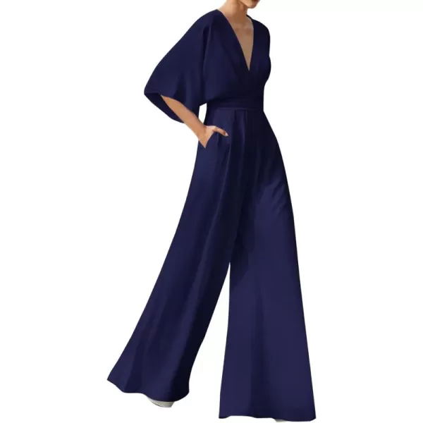 LYANER Women's One Pieces Outfit Deep V Neck Short Sleeve Wide Leg Pants Work Jumpsuit with Pockets
