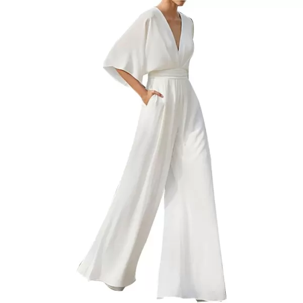LYANER Women's One Pieces Outfit Deep V Neck Short Sleeve Wide Leg Pants Work Jumpsuit with Pockets