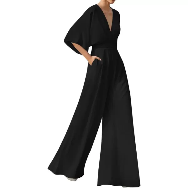 LYANER Women's One Pieces Outfit Deep V Neck Short Sleeve Wide Leg Pants Work Jumpsuit with Pockets