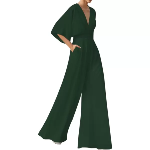 LYANER Women's One Pieces Outfit Deep V Neck Short Sleeve Wide Leg Pants Work Jumpsuit with Pockets