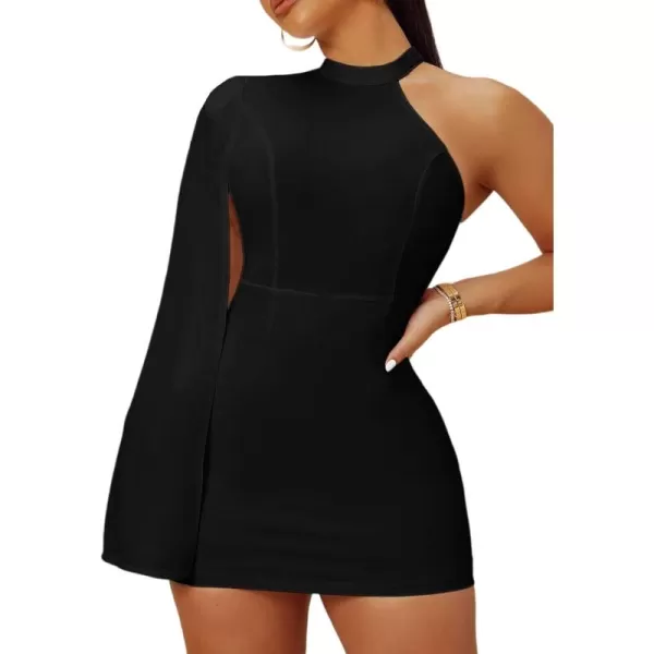 LYANER Women's One Shoulder Cloak Long Sleeve Bodycon Sexy Party Club Mini Dress